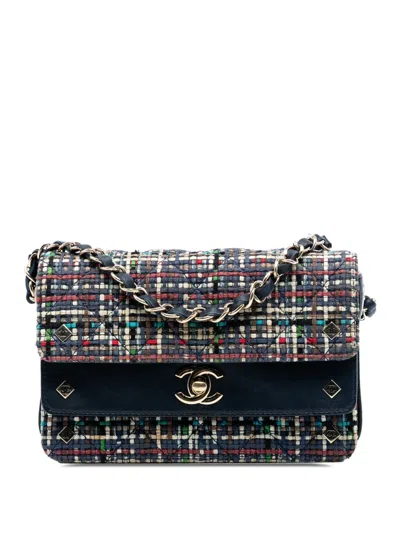 Pre-owned Chanel 2016-2017 Mini Cc Quilted Mixed Fibers And Lambskin Double Flap Crossbody Bag In Blue