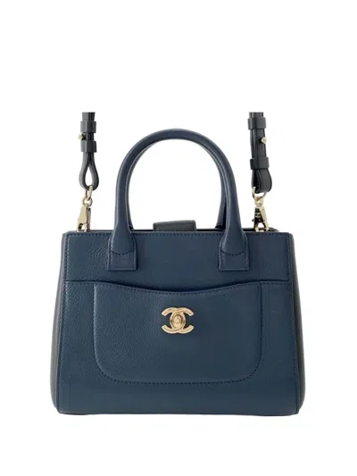 Pre-owned Chanel 2016-2017 Mini Grained Calfskin Neo Executive Shopper Tote Satchel In Blue
