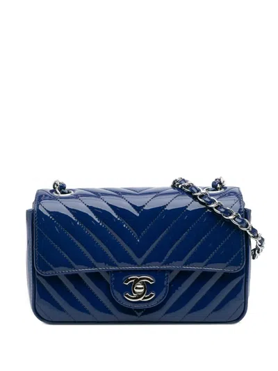Pre-owned Chanel 2016-2017 Mini Rectangular Classic Chevron Patent Single Flap Crossbody Bag In Blue