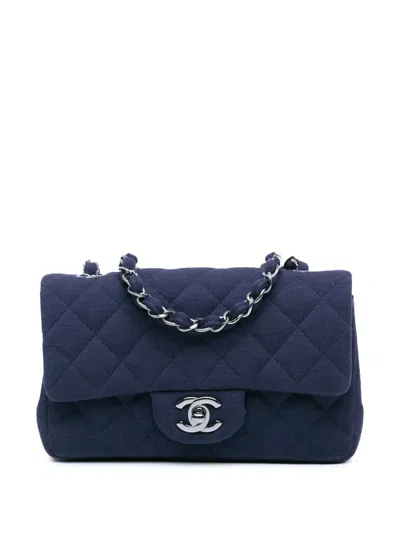 Pre-owned Chanel 2016-2017 Mini Rectangular Classic Jersey Single Flap Crossbody Bag In Blue