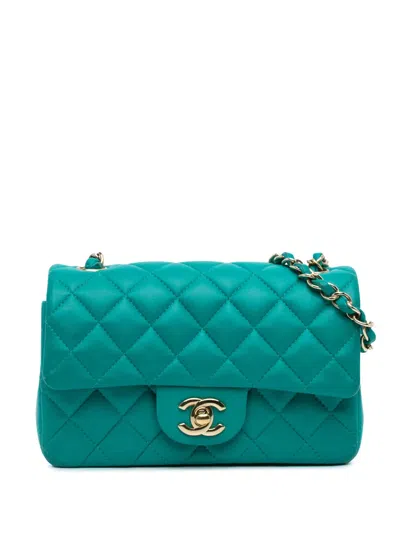 Pre-owned Chanel 2016-2017 Mini Rectangular Classic Lambskin Single Flap Crossbody Bag In Blue