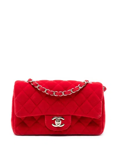 Pre-owned Chanel 2016-2017 Mini Rectangular Classic Velvet Single Flap Crossbody Bag In Red