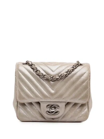 Pre-owned Chanel 2016-2017 Mini Square Classic Chevron Iridescent Lambskin Single Flap Crossbody Bag In Brown