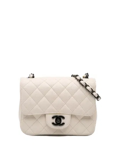 Pre-owned Chanel 2016-2017 Mini Square Classic Crumpled Calfskin Single Flap Crossbody Bag In White