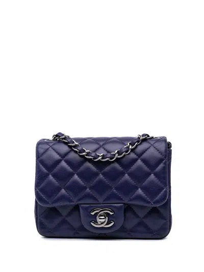 Pre-owned Chanel 2016-2017 Mini Square Classic Lambskin Single Flap Crossbody Bag In Blue