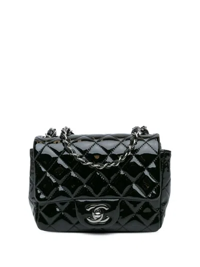 Pre-owned Chanel 2016-2017 Mini Square Classic Patent Single Flap Crossbody Bag In Black