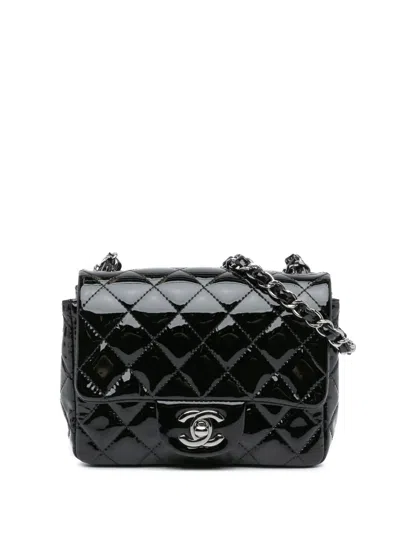 Pre-owned Chanel 2016-2017 Mini Square Classic Patent Single Flap Crossbody Bag In Black