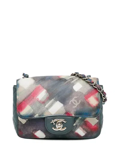 Pre-owned Chanel 2016-2017 Mini Square Classic Printed Lambskin Airlines Flap Crossbody Bag In Blue