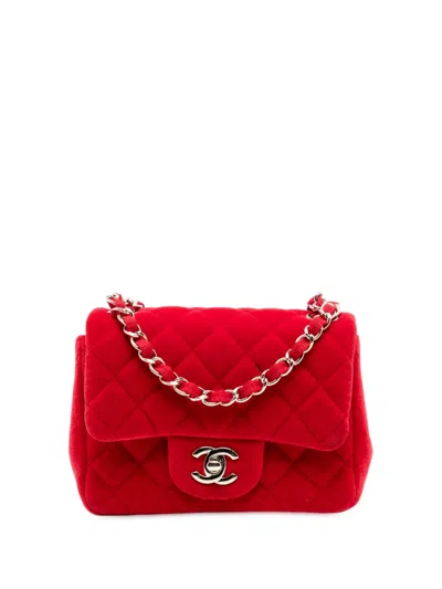 Pre-owned Chanel 2016-2017 Mini Square Classic Velvet Single Flap Crossbody Bag In Red
