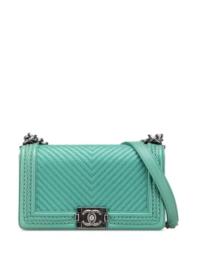 Pre-owned Chanel 2016-2017 New Medium Braided Chevron Lambskin Boy Flap Crossbody Bag In Green