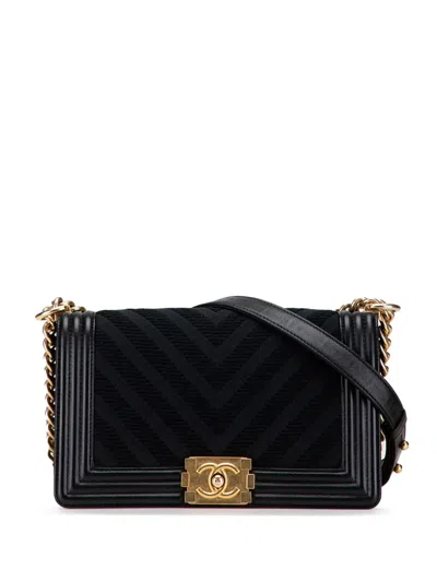 Pre-owned Chanel 2016-2017 Old Medium Braided Chevron Cotton And Lambskin Boy Flap Crossbody Bag In Black