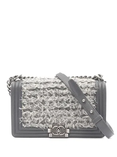 Pre-owned Chanel 2016-2017 Old Medium Braided Tweed And Calfskin Boy Flap Crossbody Bag In Gray