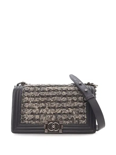 Pre-owned Chanel 2016-2017 Old Medium Braided Tweed And Calfskin Boy Flap Crossbody Bag In Gray
