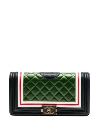 Pre-owned Chanel 2016-2017 Old Medium Multicolor Quilted Lambskin Crest Boy Flap Crossbody Bag In Black