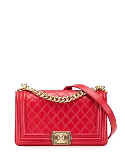 Pre-owned Chanel 2016-2017 Old Medium Quilted Lambskin Boy Flap Crossbody Bag In Red