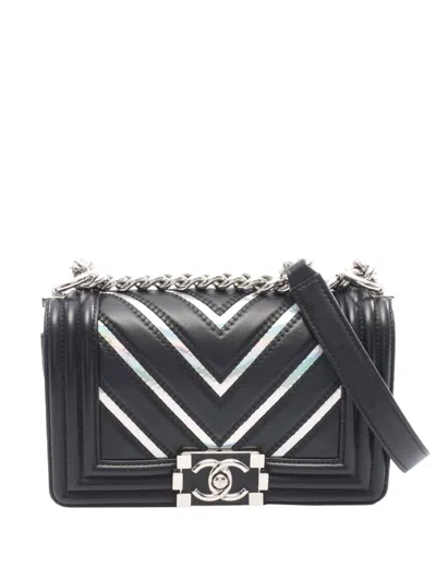 Pre-owned Chanel 2016-2017 Old Small Chevron Lambskin And Iridescent Pvc Boy Flap Crossbody Bag In Black