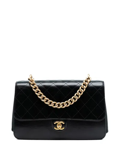 Pre-owned Chanel 2016-2017 Paris Cosmopolite Aged Calfskin Straight Lined Flap Crossbody Bag In Black