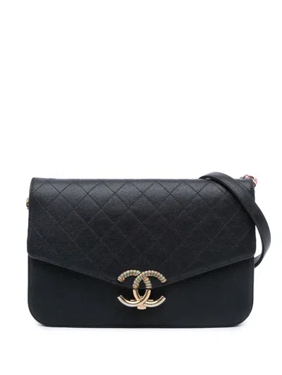 Pre-owned Chanel 2016-2017 Paris Cuba Medium Caviar Thread Around Flap Crossbody Bag In Black