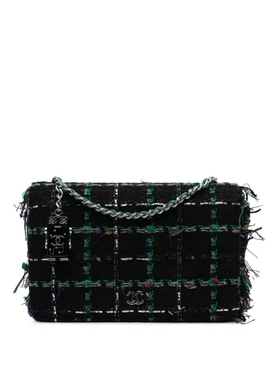 Pre-owned Chanel 2016-2017 Quilted Boucle Tweed Robot Charm Wallet On Chain Crossbody Bag In Black