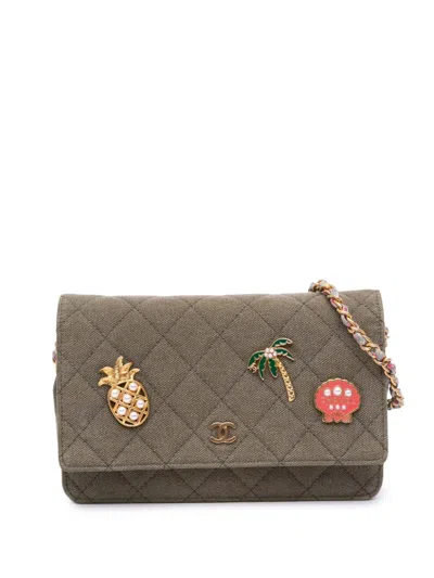 Pre-owned Chanel 2016-2017 Quilted Canvas Coco Cuba Charms Wallet On Chain Crossbody Bag In Brown