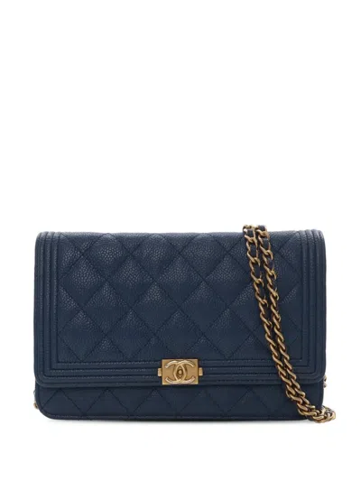 Pre-owned Chanel 2016-2017 Quilted Caviar Boy Wallet On Chain Crossbody Bag In Blue