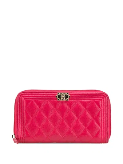 Pre-owned Chanel 2016-2017 Quilted Caviar Boy Zip Around Wallet Long Wallets In Pink
