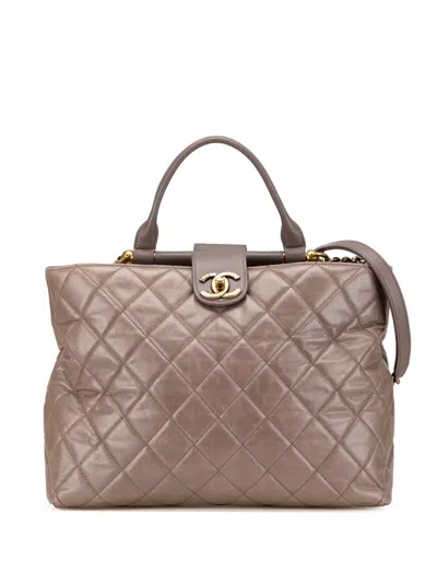 Pre-owned Chanel 2016-2017 Quilted Glazed Calfskin Gold Bar Tote Satchel In Brown