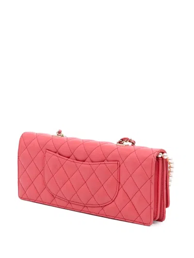 Pre-owned Chanel 2016-2017 Quilted Lambskin Pearl Chain East West Single Flap Satchel In Pink