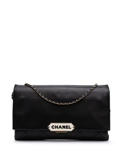 Pre-owned Chanel 2016-2017 Quilted Lambskin Retro Label Shoulder Bag In Black