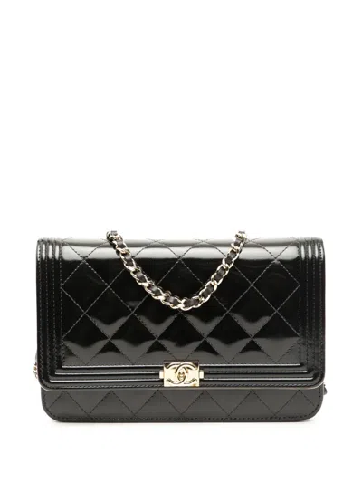 Pre-owned Chanel 2016-2017 Quilted Patent Boy Wallet On Chain Crossbody Bag In Black