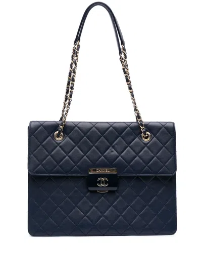Pre-owned Chanel 2016-2017 Quilted Sheepskin Beauty Lock Shopping Tote Bag In Blue