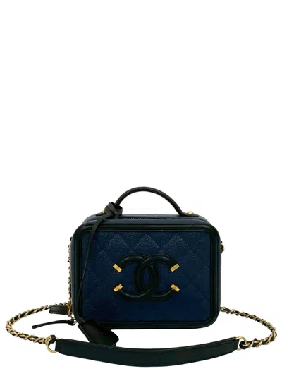 Pre-owned Chanel 2016-2017 Small Bicolor Caviar Cc Filigree Vanity Case Satchel In Blue
