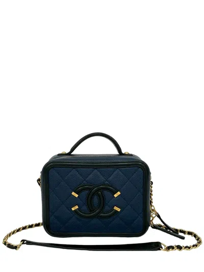 Pre-owned Chanel 2016-2017 Small Bicolor Caviar Cc Filigree Vanity Case Satchel In Blue