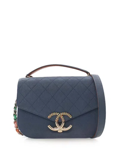 Pre-owned Chanel 2016-2017 Small Caviar Paris Cuba Thread Around Flap Satchel In Blue