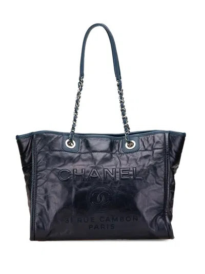 Pre-owned Chanel 2016-2017 Small Glazed Calfskin And Caviar Deauville Tote Bag In Blue