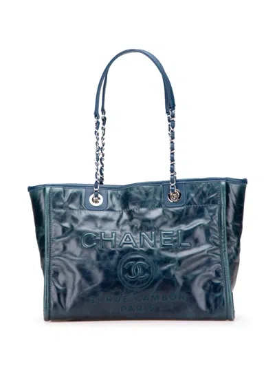 Pre-owned Chanel 2016-2017 Small Glazed Calfskin Deauville Tote Bag In Blue