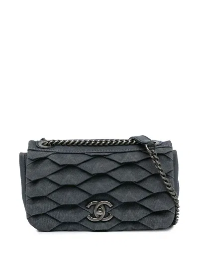 Pre-owned Chanel 2016-2017 Small Pleated Denim Scale Effect Turtle Flap Crossbody Bag In Blue