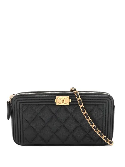 Pre-owned Chanel 2016-2017 Small Quilted Caviar Boy Clutch With Chain Crossbody Bag In Black