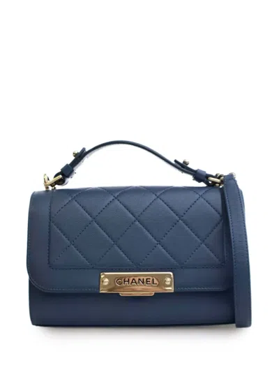 Pre-owned Chanel 2016-2017 Small Quilted Grained Calfskin Label Click Flap Satchel In Blue