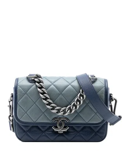 Pre-owned Chanel 2016-2017 Small Quilted Iridescent Calfskin And Caviar Daily Carry Flap Satchel In Blue