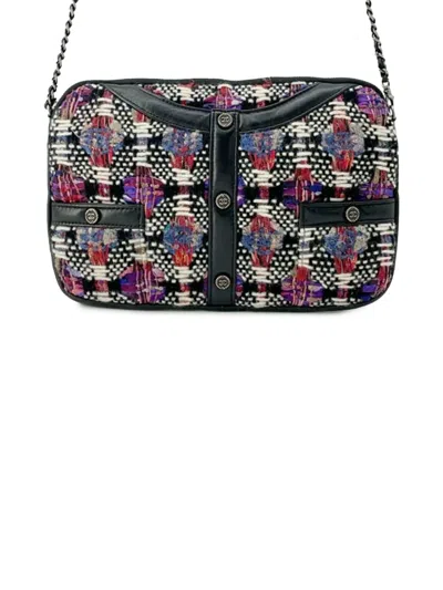 Pre-owned Chanel 2016-2017 Small Tweed And Lambskin Girl Clutch On Chain Crossbody Bag In Black