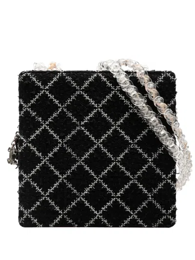 Pre-owned Chanel 2016-2017 Tweed And Resin Zipped Chain Shopping Bag Crossbody Bag In Black