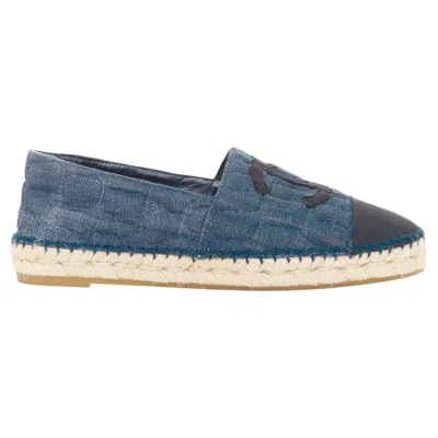 Pre-owned Chanel 2016 Blue Embossed Denim Animal Pattern Quilted Cc Espadrilles Shoes Eu39