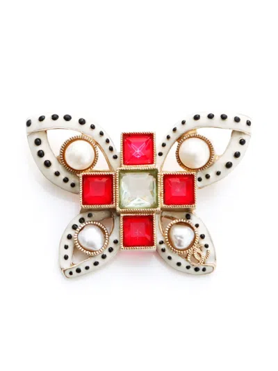 Pre-owned Chanel 2016 Butterfly Faux-pearl Brooch In Red