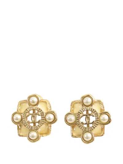 Pre-owned Chanel 2016 Cc Gold Plated Resin And Faux Pearl Push Back Earrings Costume Earrings