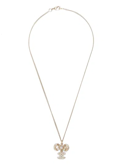 Pre-owned Chanel 2016 Cc Mark Rhinestone Necklace In Gold