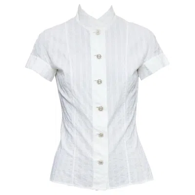 Pre-owned Chanel 2016 Cream Cotton Cc Logo Striped Fitted Shirt Fr34 Xs In White