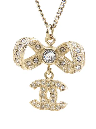 Pre-owned Chanel 2016 Gold Plated Cc Bow Crystal Pendant Necklace Costume Necklace