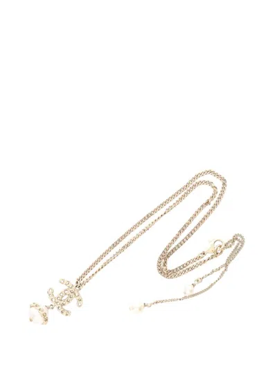 Pre-owned Chanel 2016 Gold Plated Faux Pearl Cc Pendant Necklace Costume Necklace