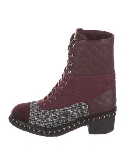 Pre-owned Chanel 2016 Interlocking Cc Logo Combat Boots In Burgundy